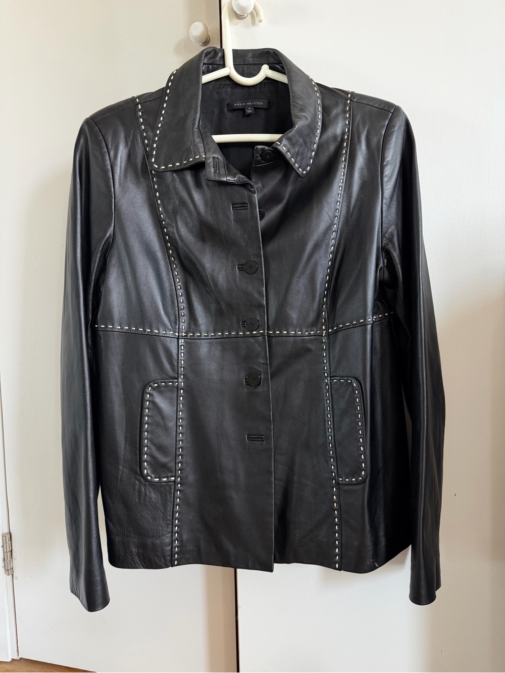 Black Leather Jacket with white stitching detail David Meister size 12